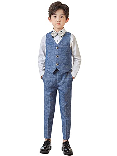 LOLANTA 4 STK. Einreihige Anzugweste Set Hochzeit,Kinderanzug Festlich, Weste,Hemd, Hose, Fliege(11-12 Jahre,Grau,Tag 160) von LOLANTA