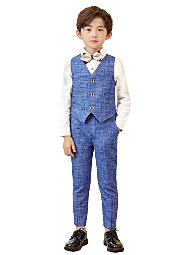 LOLANTA 4 STK. Einreihige Anzugweste Set Hochzeit,Kinderanzug Festlich, Weste,Hemd, Hose, Fliege(13-14 Jahre,Blau,Tag 170) von LOLANTA