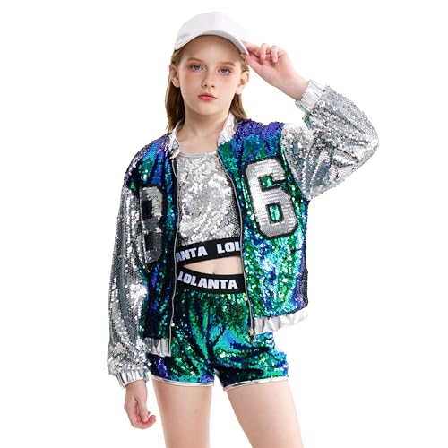 LOLANTA 4 Stück Mädchen Hip Hop Tanz Kostüm Kinder Pailletten Jazz Tanz Kleidung Set Socken angebracht, Grün, 8-9 Jahre, 140 von LOLANTA