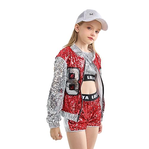 LOLANTA 4 Stück Mädchen Hip Hop Tanz Kostüm Kinder Pailletten Jazz Tanz Kleidung Set Socken angebracht, Rot, 8-9 Jahre, 140 von LOLANTA