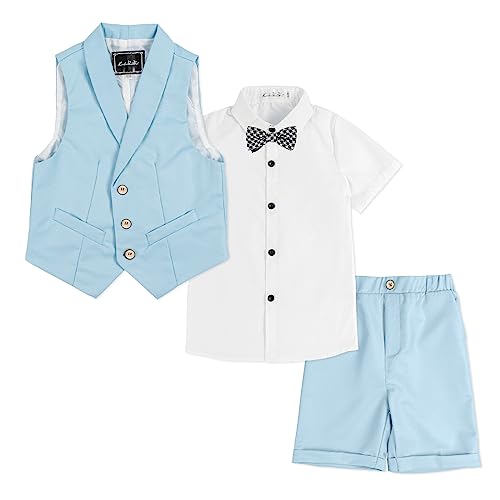 LOLANTA 4-teiliger Kinder Freizeit Anzug Set, Jungen Sommer Festlich Hochzeitsanzug, Kurzarm Hemd, Fliege, Weste, Kurze Hose, Blau, 100 von LOLANTA