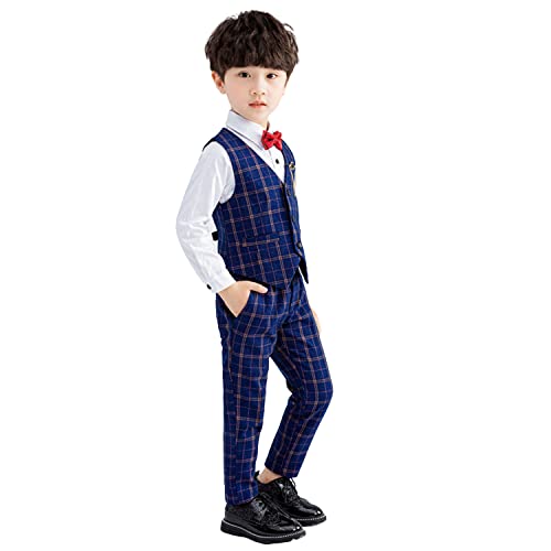 LOLANTA 4-teiliges Festliche Jungen Westen Set, Jungen Hochzeit Anzug,Weste, Hemd, Hose mit Fliege(9-10 Jahre,Blau,Tag 150) von LOLANTA