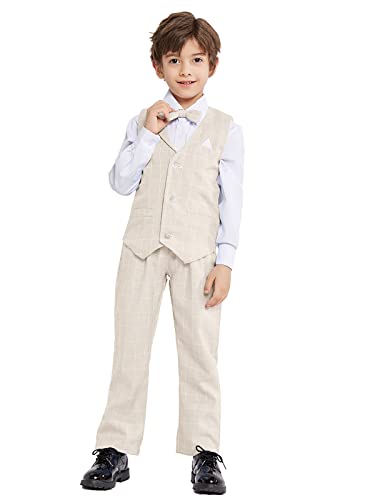 LOLANTA 4-teiliges Jungen Karierten Anzug Set, Jungen Festival Smoking, Weste, Hemd, Hose und Fliege im Set(Beige, 10-11 Jahre,Tag 150) von LOLANTA