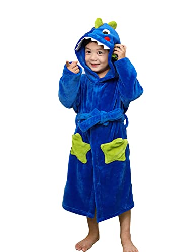 LOLANTA Kinder Fleece Bademantel Dinosaurier Plüsch Kapuzenbademantel, Blauer Dinosaurier, M (3-5 Jahre) von LOLANTA