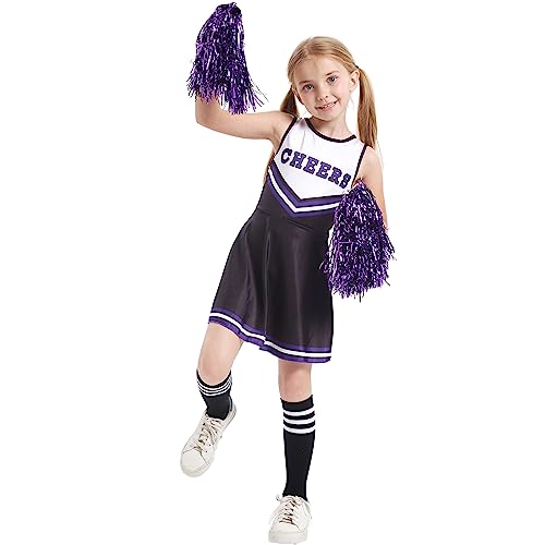 LOLANTA Cheerleader Kostüm Kinder, Cheerleadering Outfit Mädchen mit Pompons(10-11 Jahre,Schwarz,Tag 150) von LOLANTA