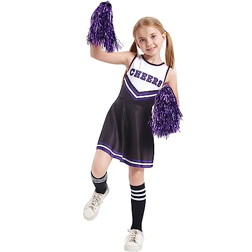 LOLANTA Cheerleader Kostüm Kinder, Cheerleadering Outfit Mädchen mit Pompons(11-12 Jahre,Schwarz,Tag S/160) von LOLANTA