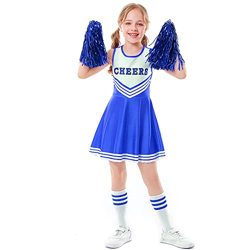 LOLANTA Cheerleader Kostüm Kinder, Cheerleadering Outfit Mädchen mit Pompons(13-14 Jahre,Blau,Tag M/170) von LOLANTA