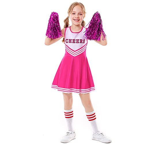 LOLANTA Cheerleader Kostüm Kinder, Cheerleadering Outfit Mädchen mit Pompons(13-14 Jahre,Rosa,Tag M/170) von LOLANTA