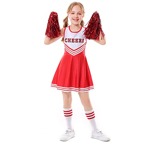 LOLANTA Cheerleader Kostüm Kinder, Cheerleadering Outfit Mädchen mit Pompons(13-14 Jahre,Rot,Tag M/170) von LOLANTA