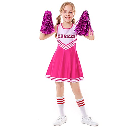 LOLANTA Cheerleader Kostüm Kinder, Cheerleadering Outfit Mädchen mit Pompons(8-9 Jahre,Rosa,Tag 140) von LOLANTA