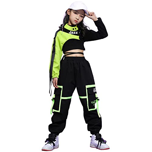 LOLANTA Hip Hop Kleidung Mädchen, Teenager Jazz Tanz Outfit,Bauchfreies Oberteil Cargohose Kleidungsset(Schwarz,11-12 Jahre,Tag 160) von LOLANTA