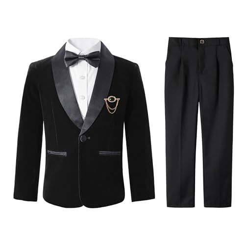 LOLANTA Jungen Samtanzug, Pageboy Formeller Schwarzer Hochzeitsanzug, Kinder Ball- und Party-Anzug Set mit Blazer, Hose, Hemd und Fliege(Tiefschwarz, 7-8 Jahre, 130) von LOLANTA