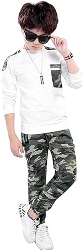 LOLANTA Jungen Teen Weiß Langarm T-Shirt + Camouflage Hosen, 2-teiliges Bekleidungssets für Kinder, Weiß, Etikettengröße: 170 von LOLANTA