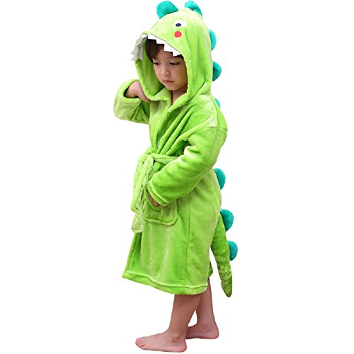 LOLANTA Kinder Fleece Bademantel Dinosaurier Plüsch Kapuzenbademantel, Grüner Dinosaurier, M (3-5 Jahre) von LOLANTA