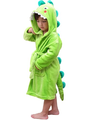 LOLANTA Kinder Fleece Bademantel Dinosaurier Plüsch Kapuzenbademantel, Grüner Dinosaurier, M (3-5 Jahre) von LOLANTA