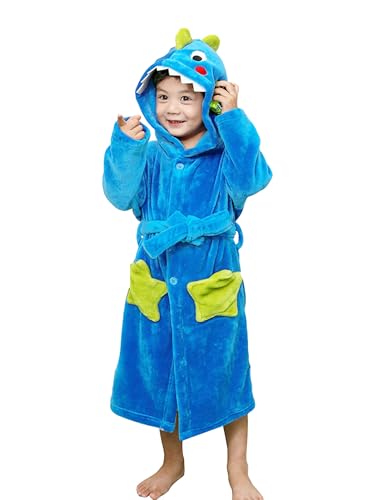 LOLANTA Kinder Fleece Bademantel Dinosaurier Plüsch Kapuzenbademantel, Blauer Dinosaurier, S (1-2 Jahre) von LOLANTA