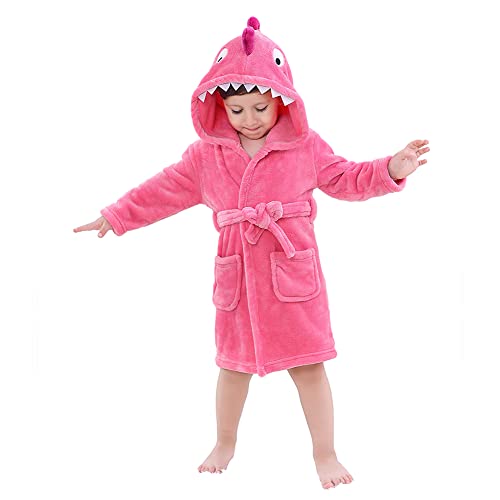 LOLANTA Kinder Fleece Bademantel Dinosaurier Plüsch Kapuzenbademantel, Roserot Dinosaurier, S (1-2 Jahre) von LOLANTA