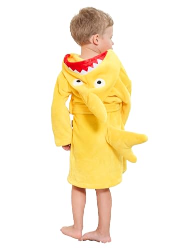 LOLANTA Kinder Fleece Bademantel Hai Plüsch Kapuzenbademantel, Gelb Hai, M (3-5 Jahre) von LOLANTA