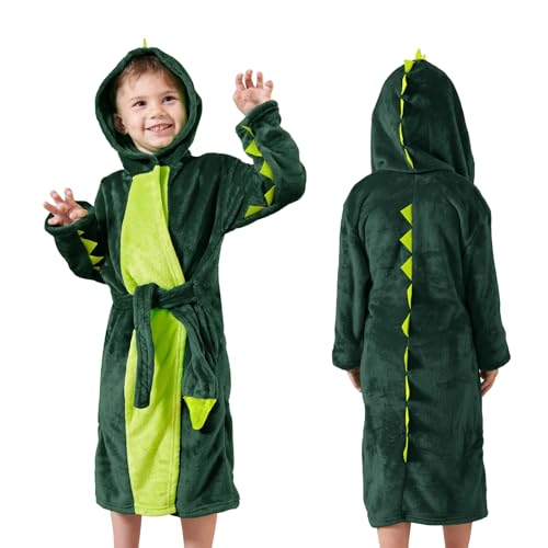 LOLANTA Kinder Fleece Dinosaurier Bademantel Plüsch Kapuzenbademantel für 4-10 Jahre(4-5 Jahre,DunkelGrün,Tag XS) von LOLANTA