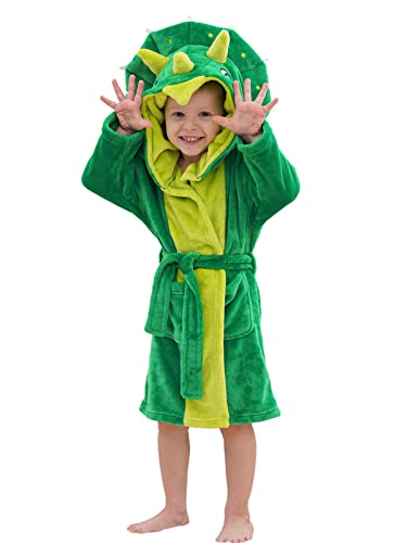 LOLANTA Kinder Fleece Dinosaurier Morgenmantel, Triceratops Plüsch Kapuzenbademantel, Grün Triceratops, M (3-5 Jahre) von LOLANTA