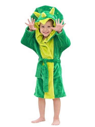 LOLANTA Kinder Fleece Dinosaurier Morgenmantel, Triceratops Plüsch Kapuzenbademantel, Grün Triceratops, XL (8-10 Jahre) von LOLANTA