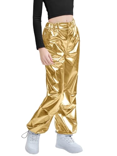 LOLANTA Kinder Glänzende Metallische Lederhosen Retro Hip Hop Tanz Outfit Lose Passform Cargo Hosen Elastische Taille Streetwear, Gold, 8-9 Jahre, 140 von LOLANTA