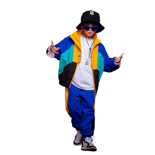 LOLANTA Kinder Hip Hop Kostüm, Teenager Color Blocking Jacken Hose Tanz Kleidungsset(B-Blau,6-7 Jahre,Tag 130) von LOLANTA