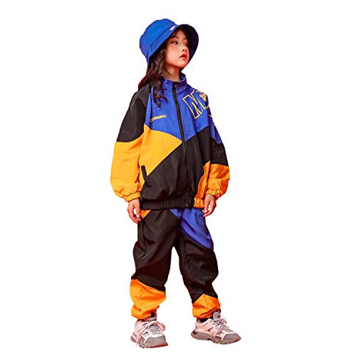 LOLANTA Kinder Hip Hop Kostüm, Teenager Color Blocking Jacken Hose Tanz Kleidungsset(Blau,10-11 Jahre,Tag 150) von LOLANTA