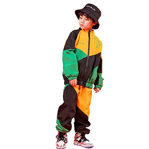 LOLANTA Kinder Hip Hop Kostüm, Teenager Color Blocking Jacken Hose Tanz Kleidungsset(Grün,11-12 Jahre,Tag 160) von LOLANTA