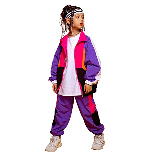 LOLANTA Kinder Hip Hop Kostüm, Teenager Color Blocking Jacken Hose Tanz Kleidungsset(Lila,10-11 Jahre,Tag 150) von LOLANTA