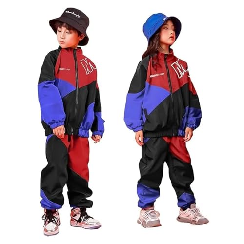 LOLANTA Kinder Hip Hop Kostüm, Teenager Color Blocking Jacken Hose Tanz Kleidungsset,11-12 Jahre,Rot,160 von LOLANTA