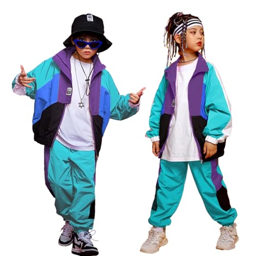 LOLANTA Kinder Hip Hop Kostüm, Teenager Color Blocking Jacken Hose Tanz Kleidungsset,13-15 Jahre,Türkis,180 von LOLANTA