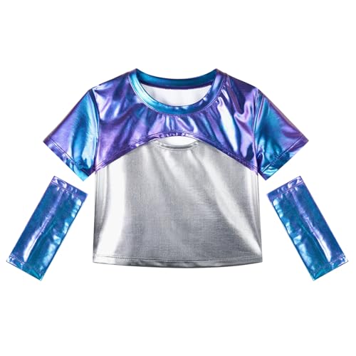 LOLANTA Kinder Mädchen Crop Top Metallic T-Shirt Kurzarm Glitzernde Hip Hop Jazz Performance Tops Glänzende Oberteil Bauchfrei Ballett Tanz Tops mit Metallic Arm Ärmel, Blauviolett, 10-11 Jahre, 150 von LOLANTA