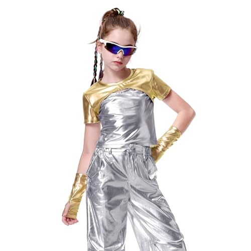 LOLANTA Kinder Mädchen Crop Top Metallic T-Shirt Kurzarm Glitzernde Hip Hop Jazz Performance Tops Glänzende Oberteil Bauchfrei Ballett Tanz Tops mit Metallic Arm Ärmel, Gold, 6-7 Jahre, 130 von LOLANTA
