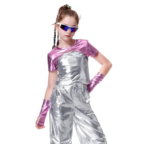 LOLANTA Kinder Mädchen Crop Top Metallic T-Shirt Kurzarm Glitzernde Hip Hop Jazz Performance Tops Glänzende Oberteil Bauchfrei Ballett Tanz Tops mit Metallic Arm Ärmel, Rosa,6-7 Jahre, 130 von LOLANTA