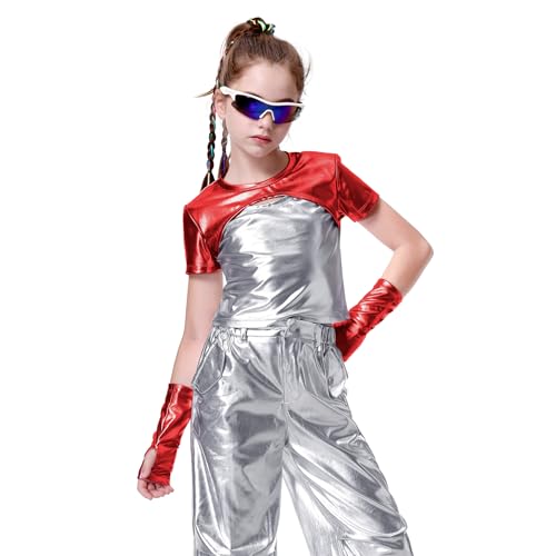 LOLANTA Kinder Mädchen Crop Top Metallic T-Shirt Kurzarm Glitzernde Hip Hop Jazz Performance Tops Glänzende Oberteil Bauchfrei Ballett Tanz Tops mit Metallic Arm Ärmel, Rot, 5-6 Jahre, 120 von LOLANTA
