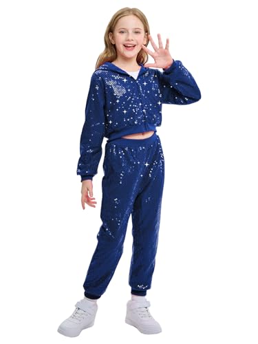 LOLANTA Kinder Pailletten Hip Hop Tanzkostüm Street Dancewear Jacke Hose Set, Blau, 11-12 Jahre, 160 von LOLANTA