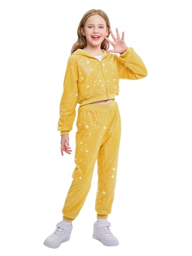 LOLANTA Kinder Pailletten Hip Hop Tanzkostüm Street Dancewear Jacke Hose Set, Gold, 11-12 Jahre, 160 von LOLANTA