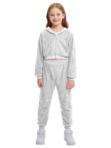 LOLANTA Kinder Pailletten Hip Hop Tanzkostüm Street Dancewear Jacke Hose Set, Silber, 10-11 Jahre, 150 von LOLANTA