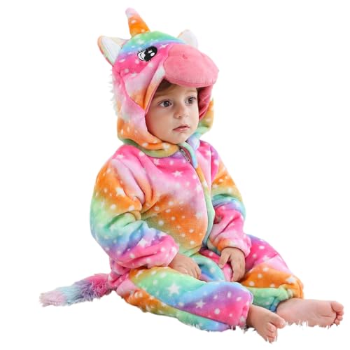 LOLANTA Kleinkind Regenbogen Einhorn Kostüm Mädchen, Plüsch mit Kapuze Strampler für Baby, Multicolor, 12-18 Monate von LOLANTA