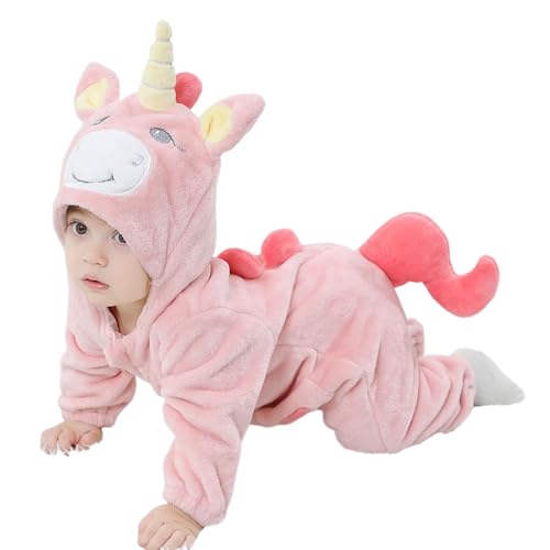 LOLANTA Kleinkind Regenbogen Einhorn Kostüm Mädchen, Plüsch mit Kapuze Strampler für Baby, Rosa, 6-12 Monate von LOLANTA