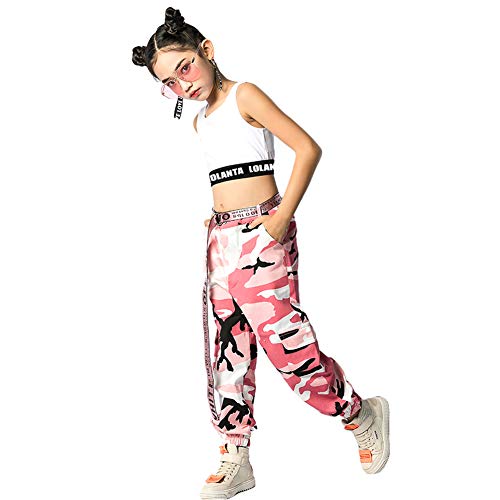 LOLANTA Mädchen Hip Hop Street Dance Kleidung Set Jazz Dancewear Tank Top + Camouflage Pants, Rosa, 130 von LOLANTA