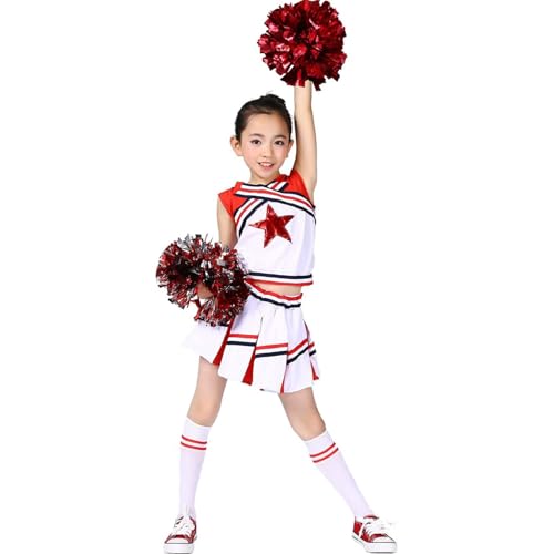 LOLANTA Mädchen Karneval Kostüm, Cheerleader Kleid mit Pompoms und Socken, Mittelschule Cheerleading Uniform, Rot, 4-5 Jahre, 110 von LOLANTA