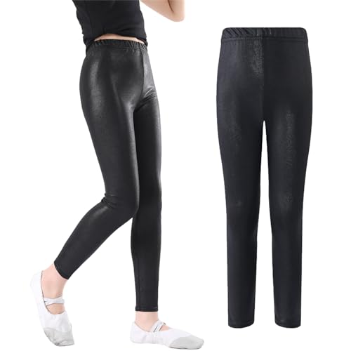 LOLANTA Mädchen Metallisch Glänzende Tanz Leggings Lange Gerade Stretch Hose Slim Fit Athletische Tanzhose, Schwarz, 10-11 Jahre, 150 von LOLANTA