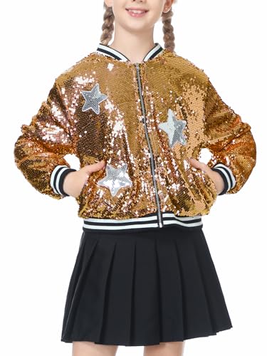 LOLANTA Mädchen Pailletten Bomberjacke mit Reißverschlusstaschen Langarm Glitzer Baseball Jacken für Kinder, Gold, 10-11 Jahre, 150 von LOLANTA