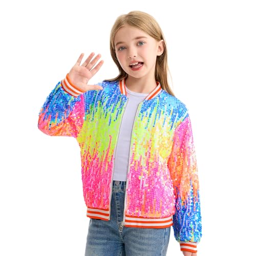 LOLANTA Mädchen Pailletten Bomberjacke mit Reißverschlusstaschen Langarm Glitzer Baseball Jacken für Kinder, Ombré-Orange-Rosa, 6-7 Jahre, 130 von LOLANTA