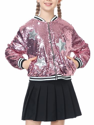 LOLANTA Mädchen Pailletten Bomberjacke mit Reißverschlusstaschen Langarm Glitzer Baseball Jacken für Kinder, Rosa, 6-7 Jahre, 130 von LOLANTA