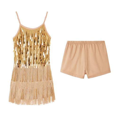 LOLANTA Mädchen Pailletten Fransen Tanzkostüm, Kinder Salsa Rumba Latein Tanzkleidung Set, Glitzerndes ärmelloses Quasten Tanz Mini Kleid mit Shorts, Gold, 6-7 Jahre, 130 von LOLANTA