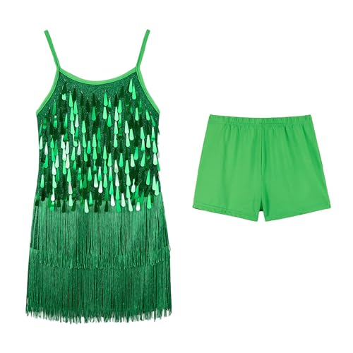 LOLANTA Mädchen Pailletten Fransen Tanzkostüm, Kinder Salsa Rumba Latein Tanzkleidung Set, Glitzerndes ärmelloses Quasten Tanz Mini Kleid mit Shorts, Grün, 10-11 Jahre, 150 von LOLANTA