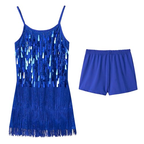 LOLANTA Mädchen Pailletten Fransen Tanzkostüm, Kinder Salsa Rumba Latein Tanzkleidung Set, Glitzerndes ärmelloses Quasten Tanz Mini Kleid mit Shorts, Königsblau, 11-12 Jahre, 160 von LOLANTA